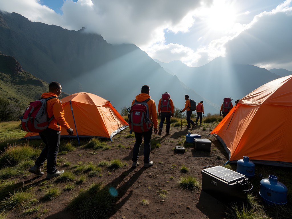 Professional porter team for luxury Kilimanjaro expedition with premium equipment and uniforms