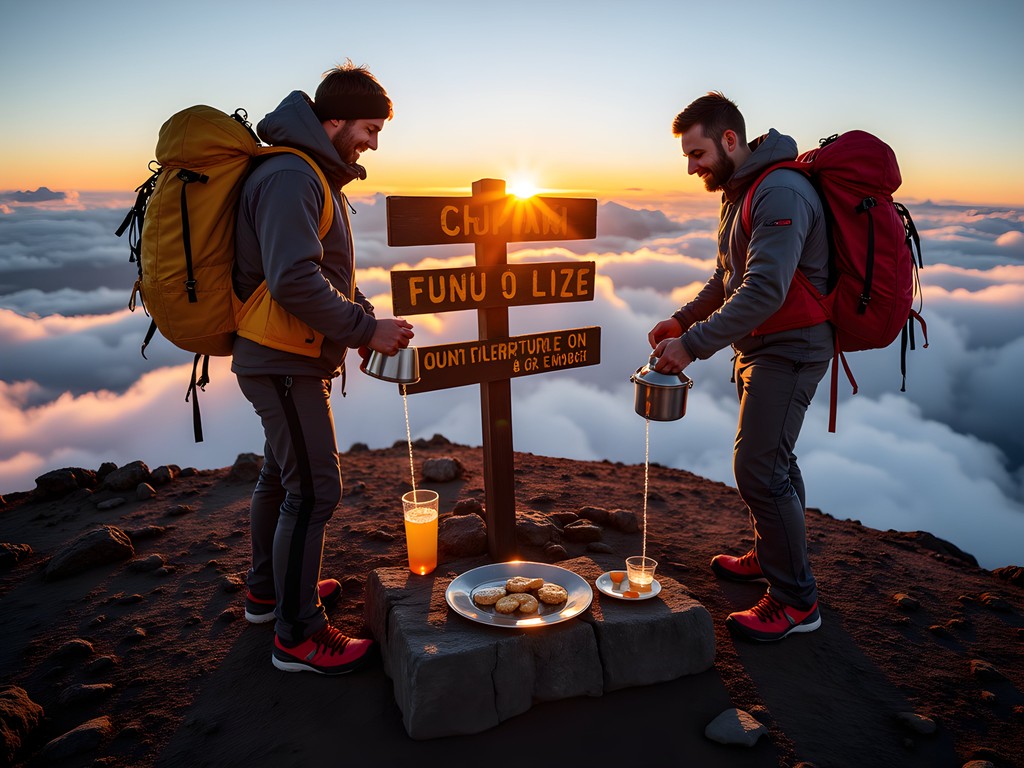 Luxury summit celebration at Uhuru Peak with champagne toast and gourmet snacks