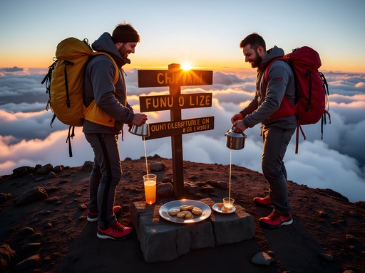 Luxury summit celebration at Uhuru Peak with champagne toast and gourmet snacks