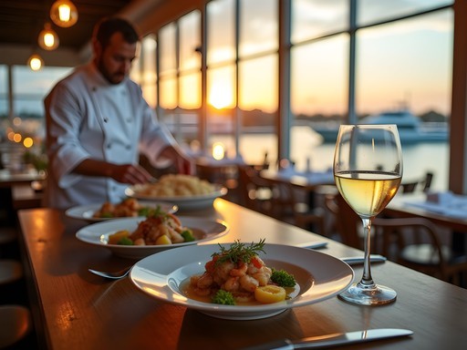 Exclusive waterfront dining experience on Shem Creek with chef preparing seafood and sunset views
