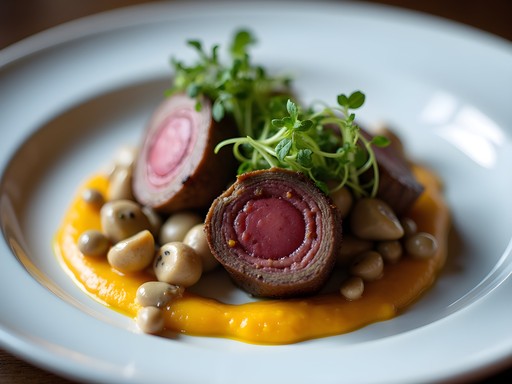 Elegant plated venison dish with autumn vegetables at Five Senses Restaurant in Murfreesboro