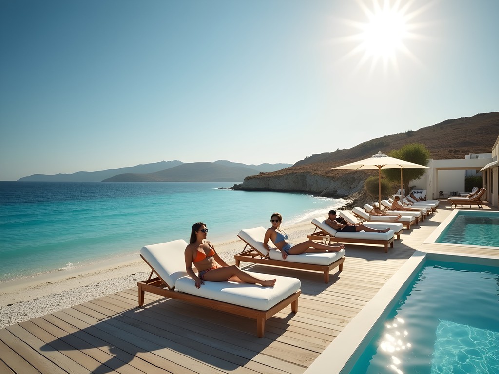 Luxury beach club in Mykonos with private cabanas and Aegean Sea view