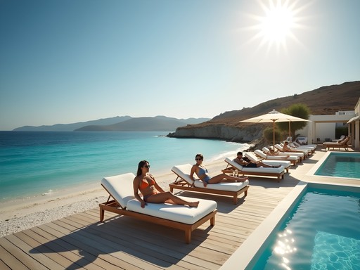 Luxury beach club in Mykonos with private cabanas and Aegean Sea view