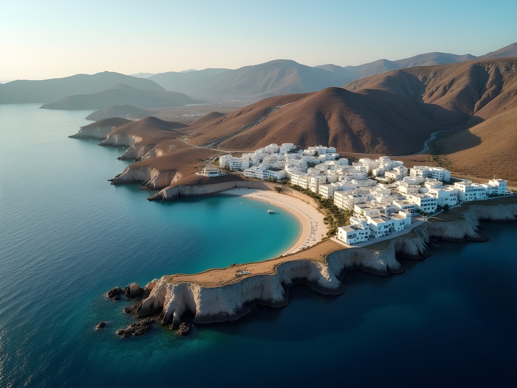 Breathtaking aerial view of Mykonos coastline and whitewashed towns from helicopter