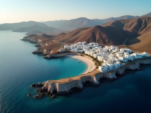 Breathtaking aerial view of Mykonos coastline and whitewashed towns from helicopter