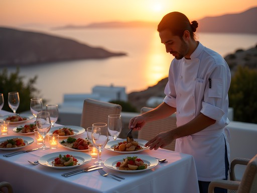 Private chef preparing gourmet dinner on Mykonos villa terrace at sunset