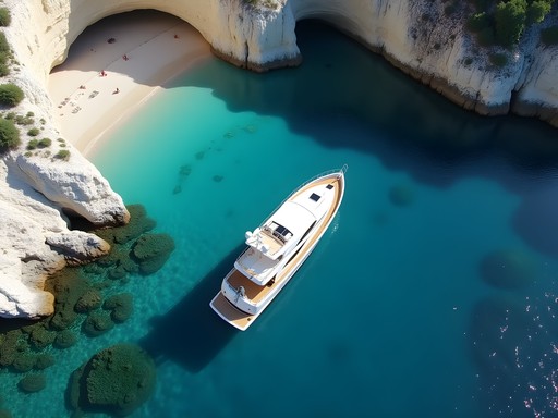 Luxury yacht anchored in a secluded turquoise cove near Mykonos