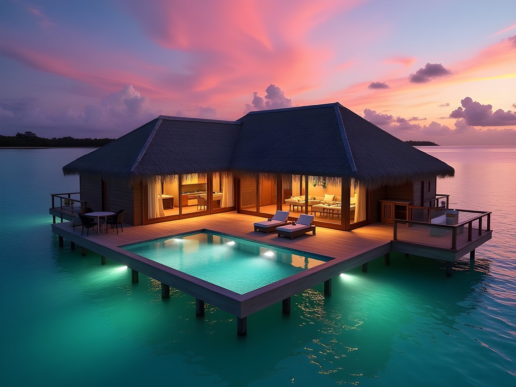 Ultra-luxury overwater bungalow with private pool at exclusive Nadi resort during sunset