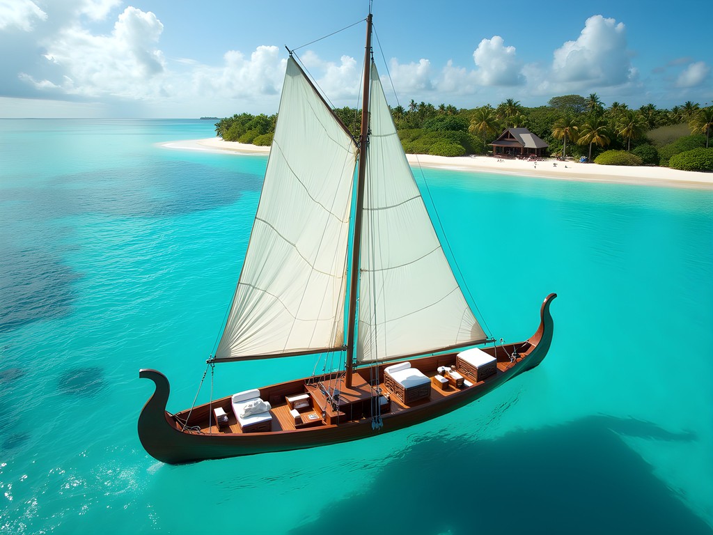 Traditional Fijian Drua sailing vessel with luxury accommodations navigating crystal clear waters near Nadi