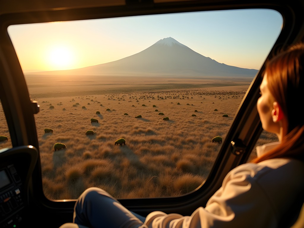 Aerial view from luxury helicopter safari over Kenyan savanna with Mt. Kilimanjaro in background