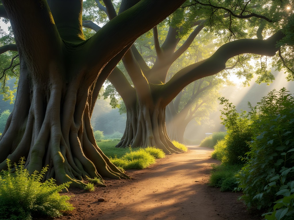 Sunlight filtering through ancient fig trees at Nairobi Arboretum creating natural healing space