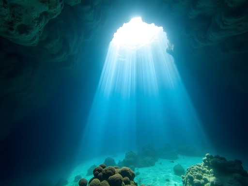 Underwater cave diving in Cathedral Cave with dramatic light rays penetrating blue waters in Vava'u, Tonga