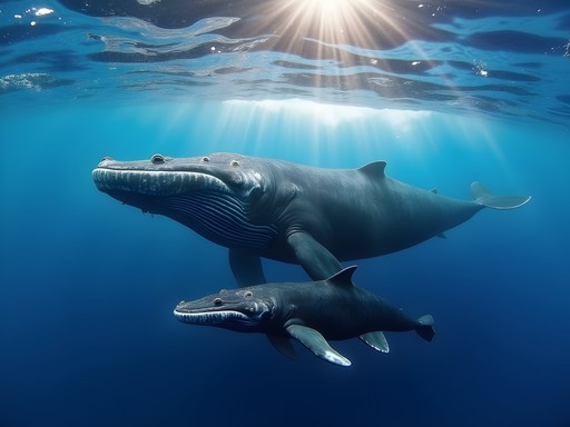 Humpback whale mother and calf swimming in crystal clear blue waters of Vava'u, Tonga