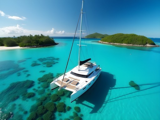 Luxury catamaran anchored in turquoise lagoon surrounded by lush islands in Vava'u, Tonga
