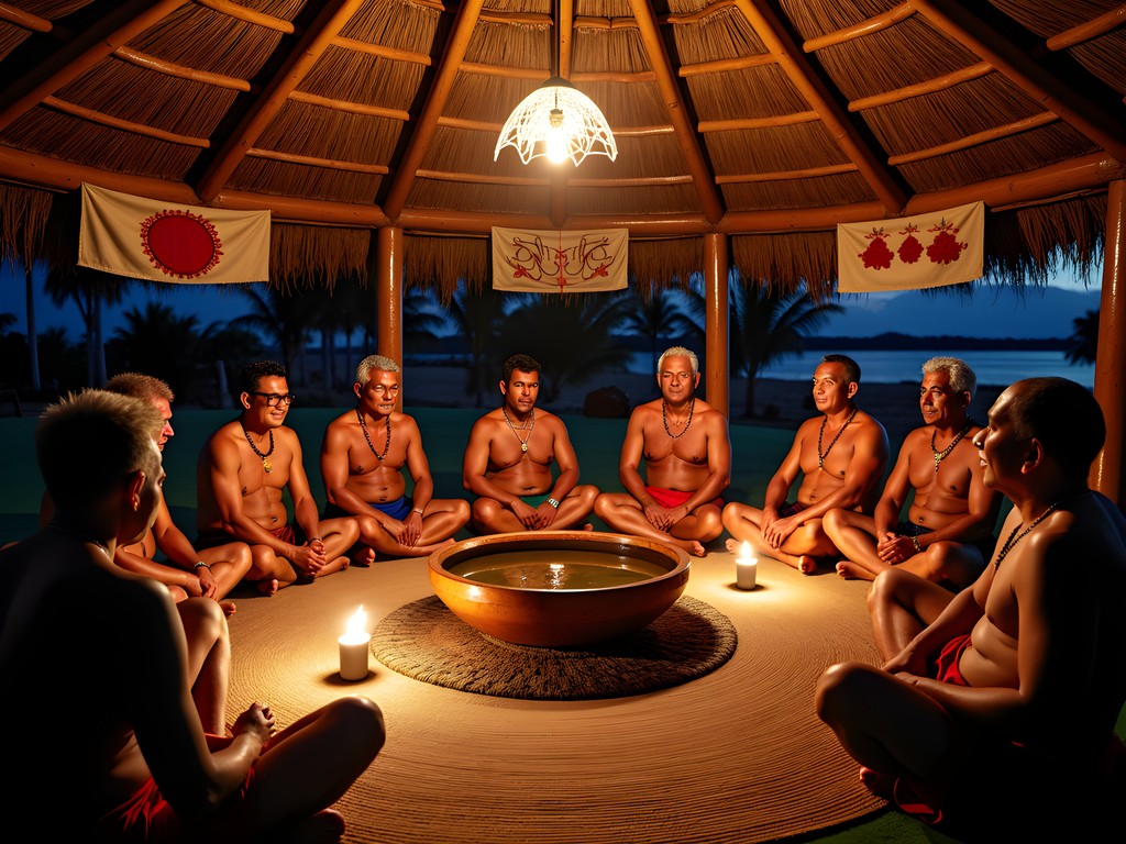 Authentic Tongan kava ceremony with village elders and traditional decorations in Vava'u