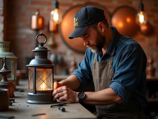 Master craftsman creating handmade copper gas lanterns at Bevolo workshop in New Orleans