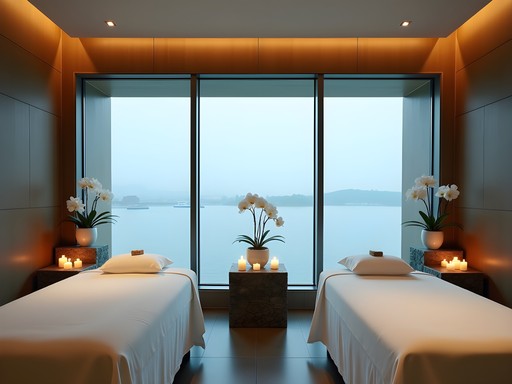 Luxury couples massage treatment room overlooking New Rochelle waterfront