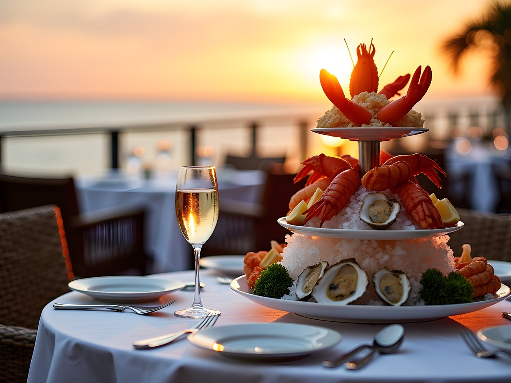 Elegant waterfront dining setup in New Rochelle with sunset views over Long Island Sound
