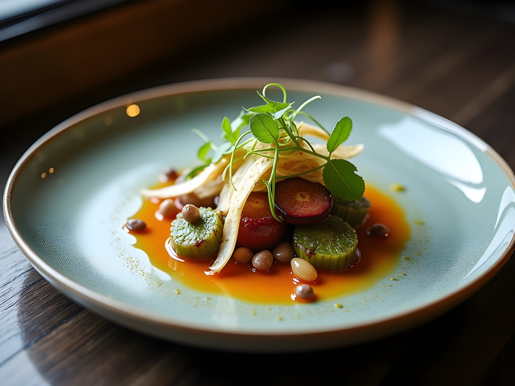 Elegant Michelin-starred tasting menu course presentation at upscale Manhattan restaurant