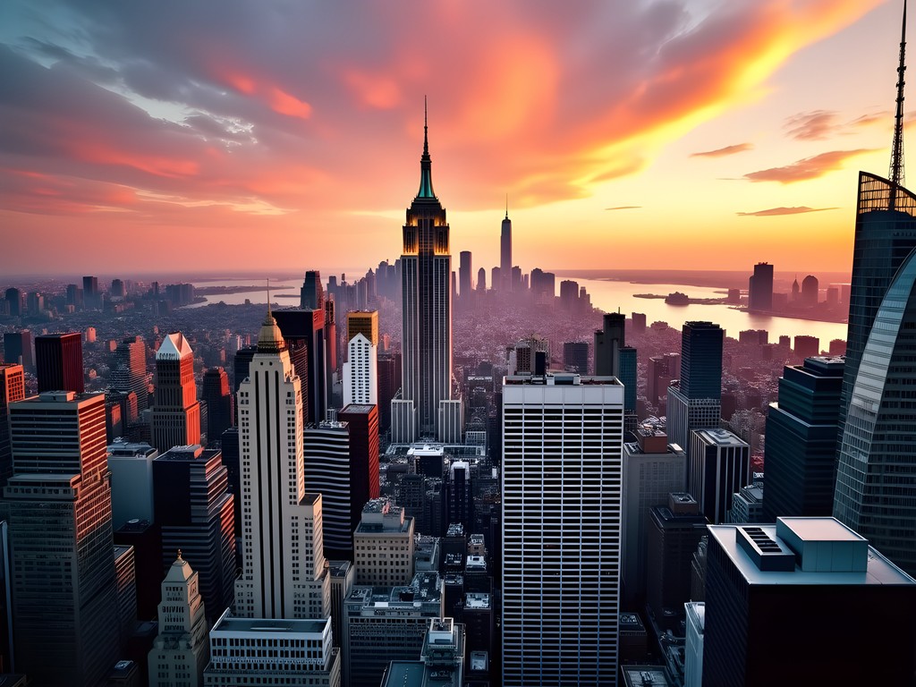 Sunset helicopter tour over Manhattan skyline with golden light