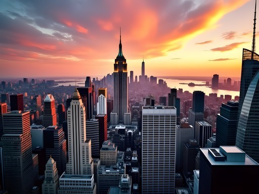 Sunset helicopter tour over Manhattan skyline with golden light