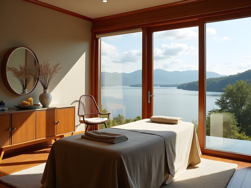 Luxury spa treatment room with panoramic views of Lake Memphremagog
