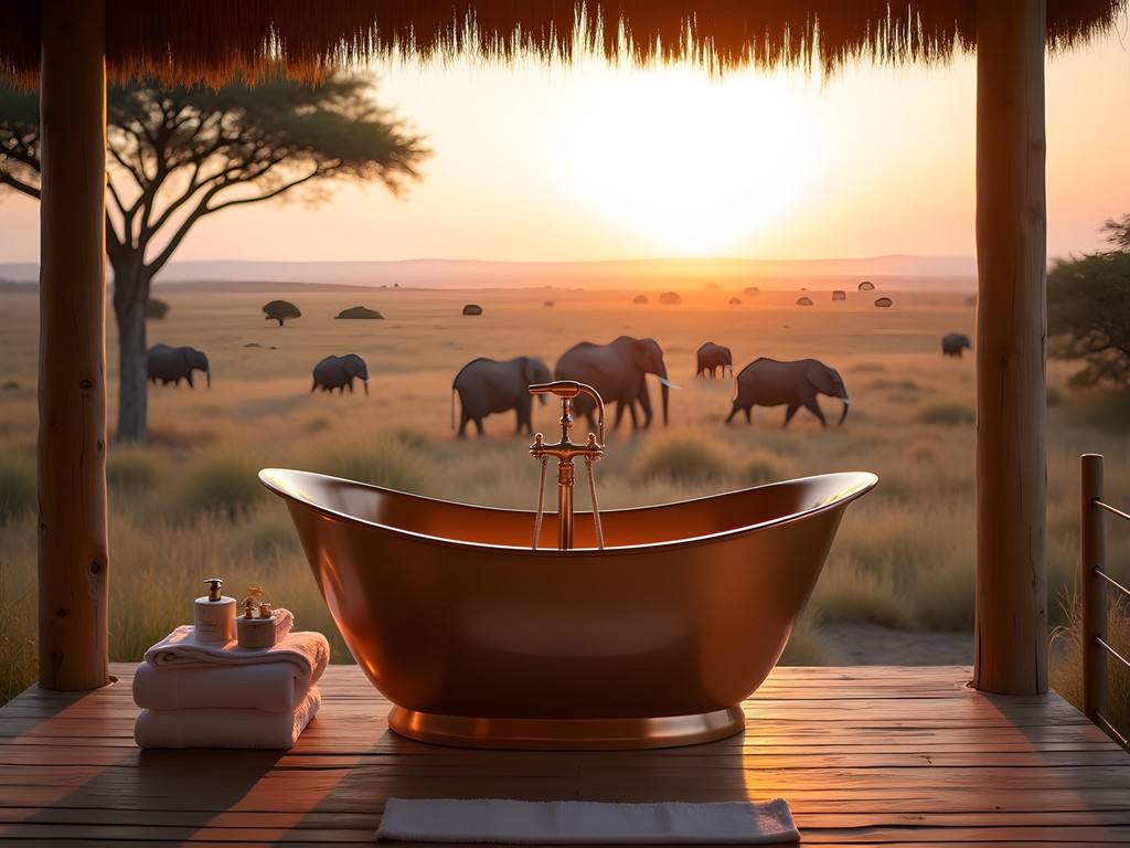 Freestanding copper bathtub on private deck overlooking African wilderness with sunset lighting and wildlife in distance