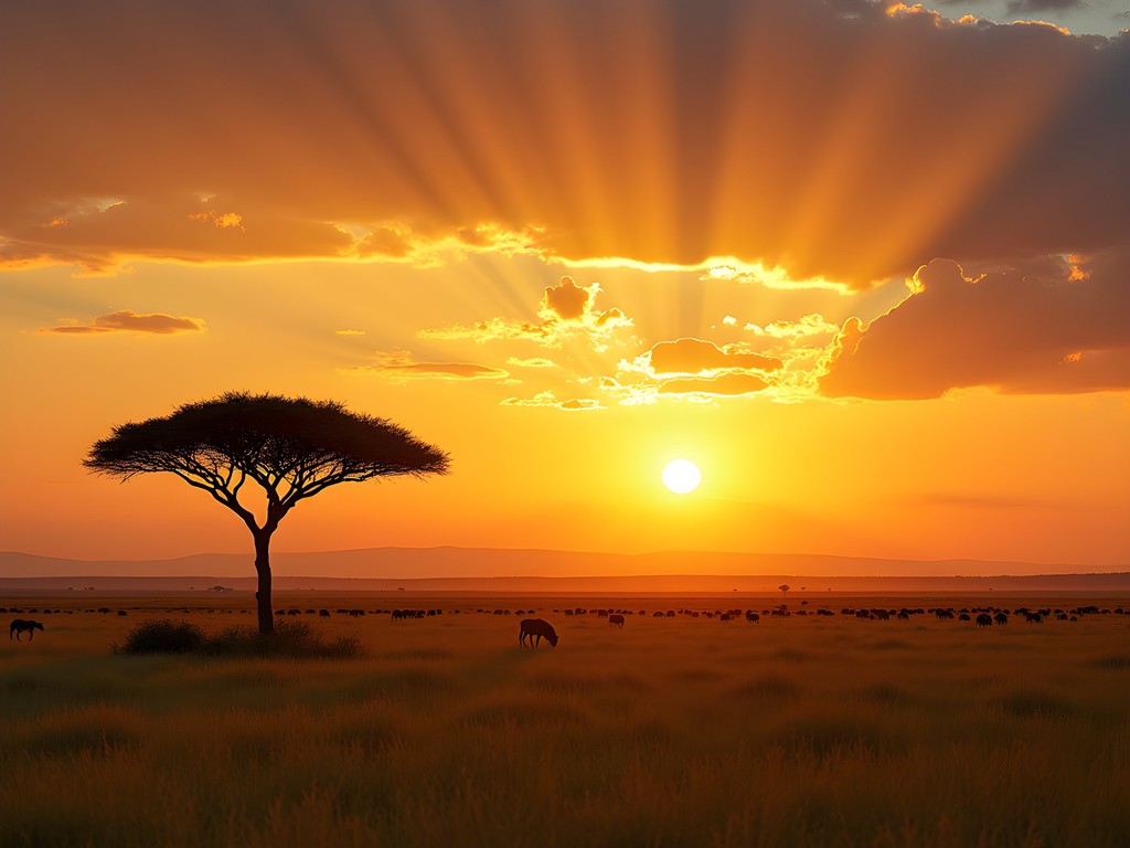 Lone acacia tree silhouetted against dramatic sunrise over the Serengeti plains with wildlife grazing in the golden light