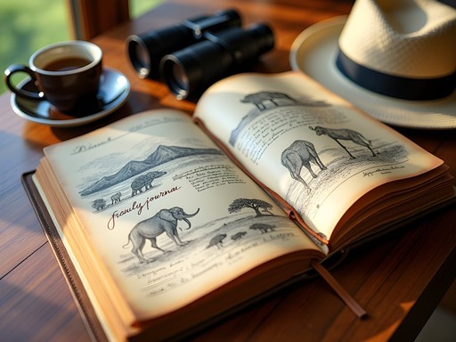 Open travel journal with hand-drawn sketches of African wildlife and landscape notes on wooden table with binoculars and coffee