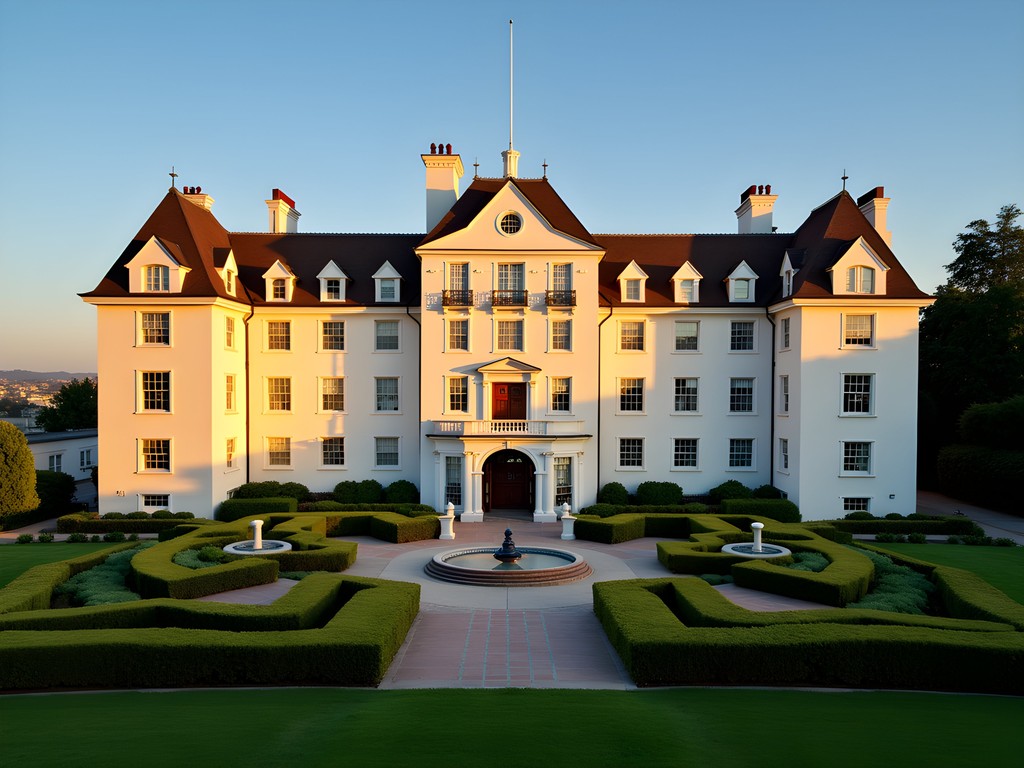Historic Claremont Club & Spa hotel in Oakland at sunset with Bay Area views