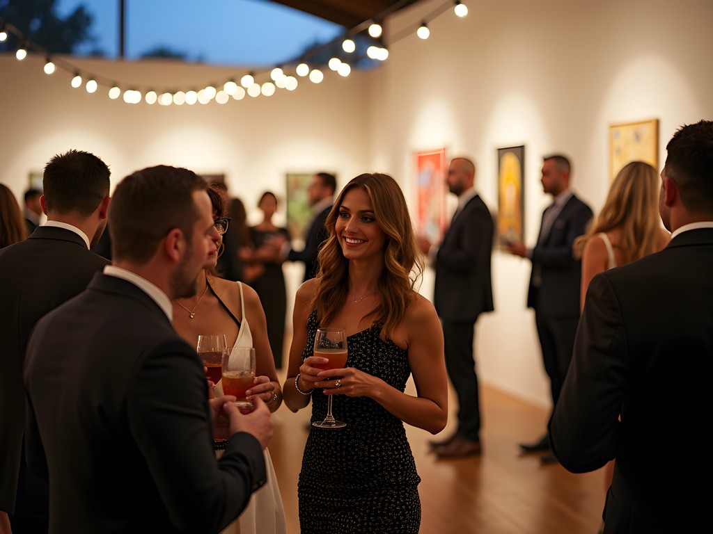 Elegant evening event at Oakland Museum of California with well-dressed attendees enjoying art and cocktails