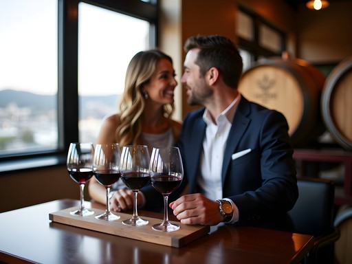 Couple enjoying a luxury wine tasting flight at an Oakland urban winery with Bay views