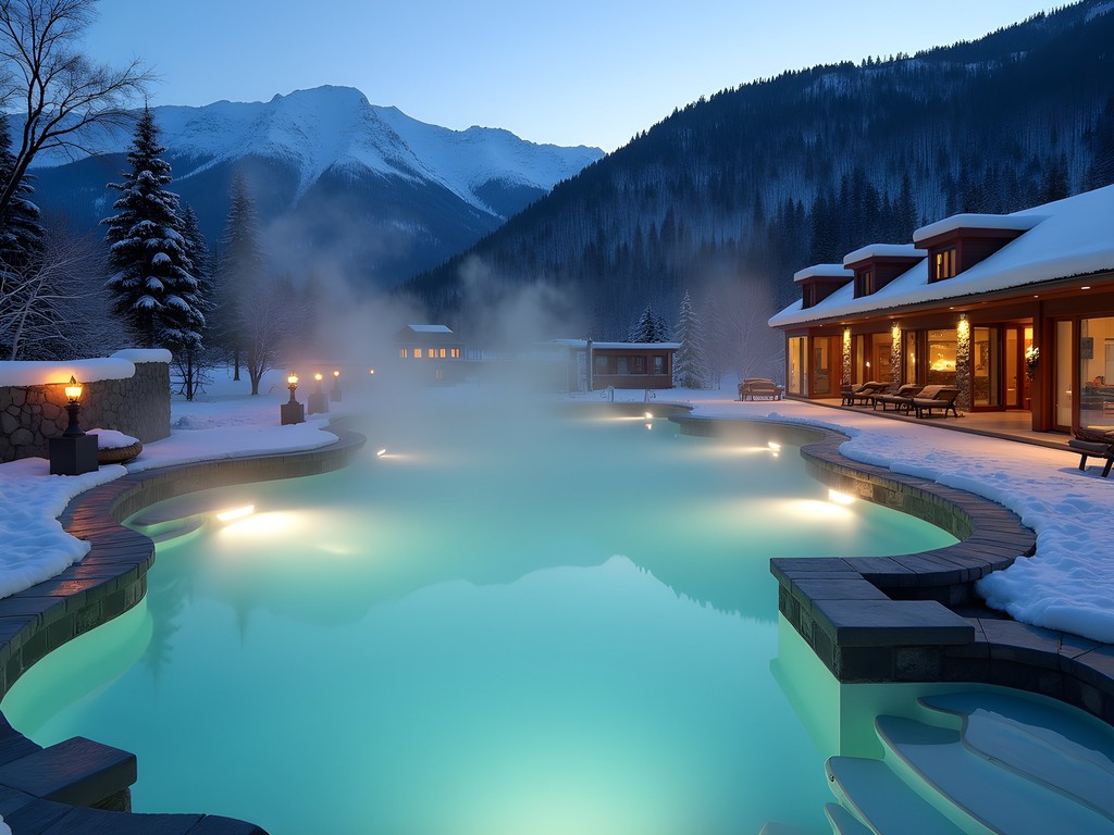 Luxury outdoor thermal pool in Bansko surrounded by snow-covered mountains