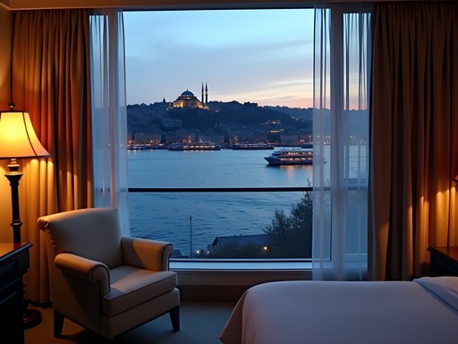 Sunset view of the Bosphorus Strait from luxury hotel in winter