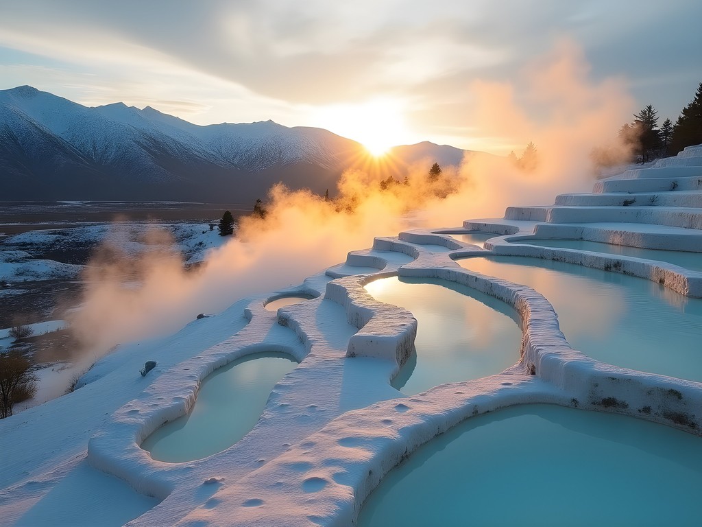 Steam rising from Pamukkale's white calcium terraces at sunrise in winter