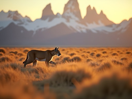 Ethical puma tracking in Patagonian landscape with mountains in background