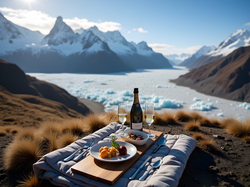 Luxury helicopter expedition over Southern Patagonian Ice Field with champagne picnic setup