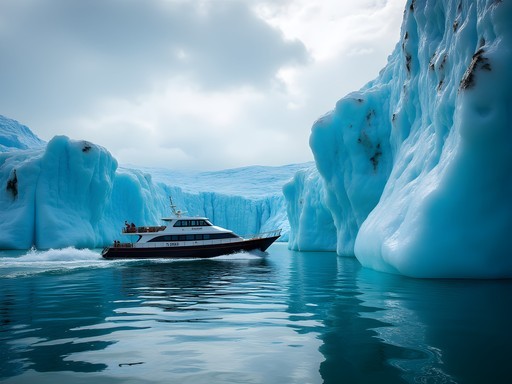 Exclusive private boat expedition approaching massive blue icebergs near Uppsala Glacier