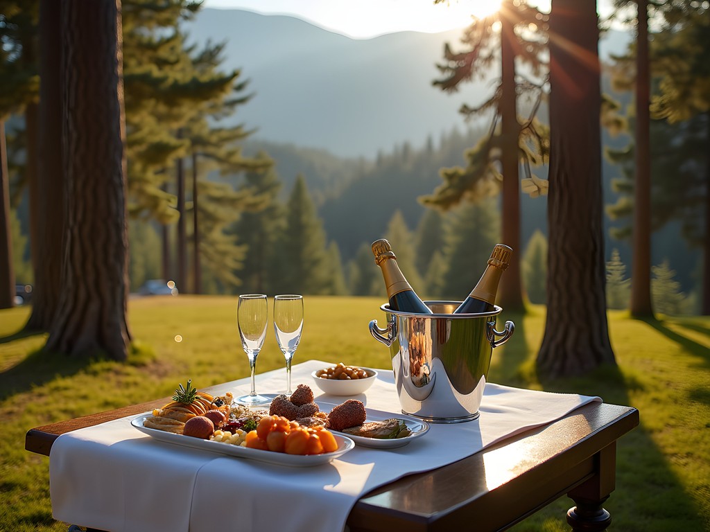 Luxury forest picnic setup in Carpathian Mountains near Peles Castle
