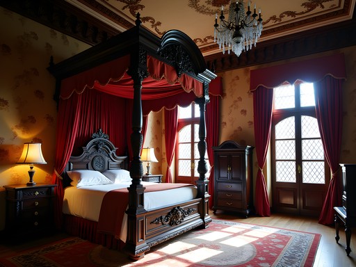 Ornate royal bedchamber in Peles Castle with luxurious furnishings