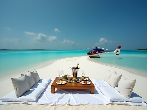 Luxury picnic setup on remote sandbar reached by helicopter in Quirimbas National Park, Mozambique