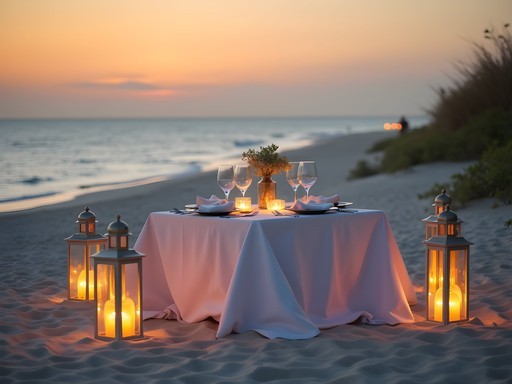 Private luxury beach dinner setup with torches and fine dining table on white sand in Pemba, Mozambique