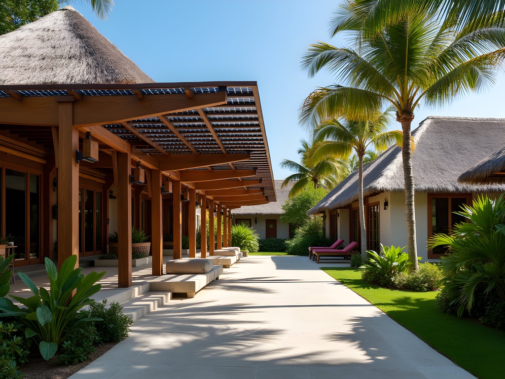 Sophisticated solar panel installation integrated into luxury resort architecture in Pemba