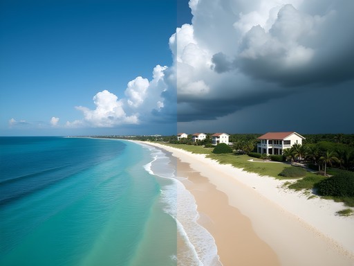 Split image showing same luxury beach location in Pemba during dry season and wet season