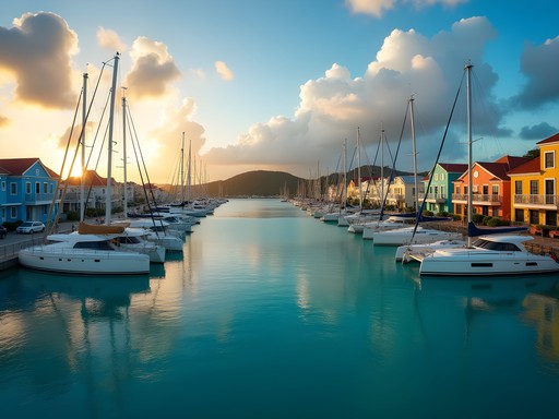 Luxury yachts anchored in Philipsburg harbor at sunrise with colorful Caribbean buildings