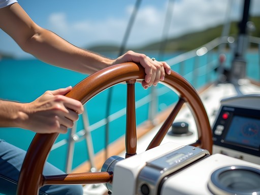 Sailor at yacht helm learning navigation in Caribbean waters