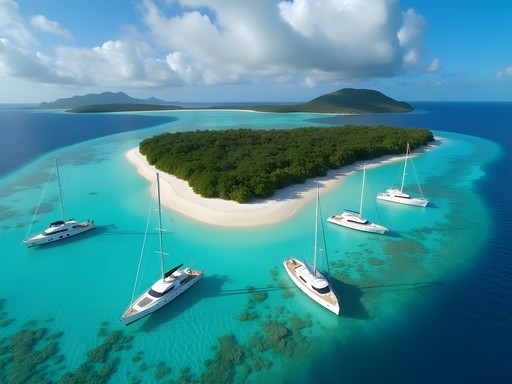 Aerial view of yachts anchored at Tintamarre Island with turquoise water and white sand beach