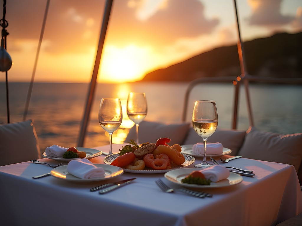 Luxury yacht deck set for dinner at sunset with Caribbean island in background