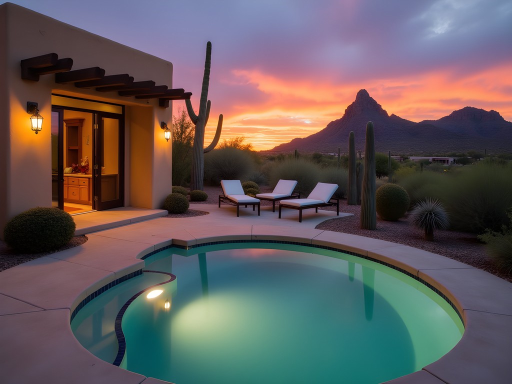 Private plunge pool at Four Seasons Resort Scottsdale overlooking desert landscape at sunset