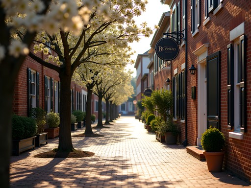 Sunlit cobblestone streets of Olde Towne Portsmouth with historic buildings and spring blooms